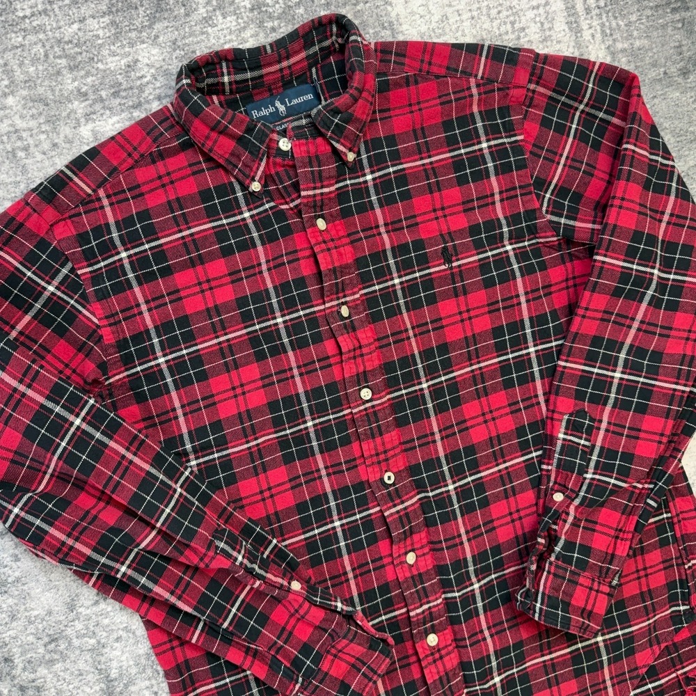 VTG‎ Polo Ralph Lauren Shirt Mens Medium Red Tartan Plaid Heavy Cotton Flannel